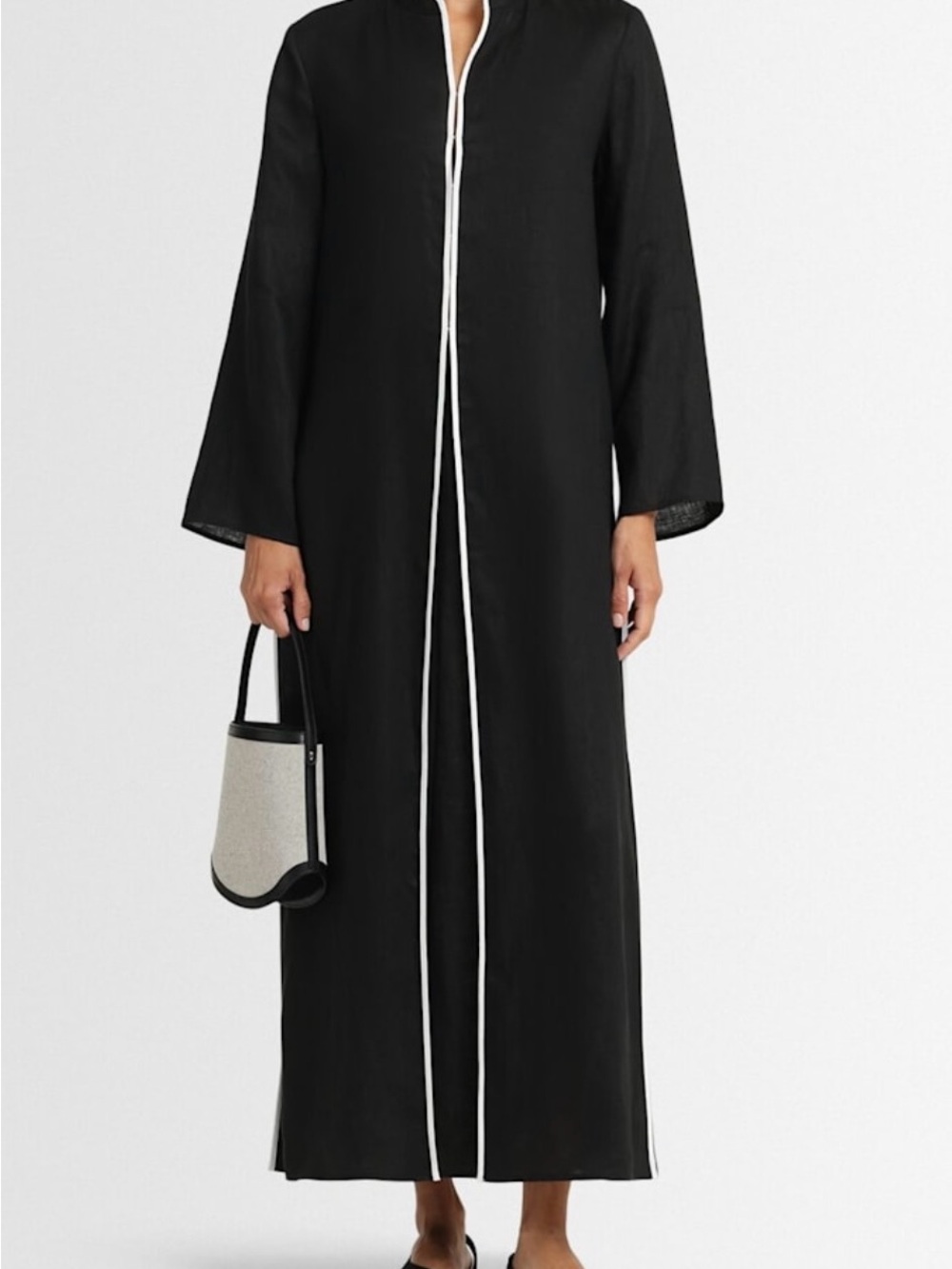 Tory Burch Black/White Long Linen Caftan with White Piping